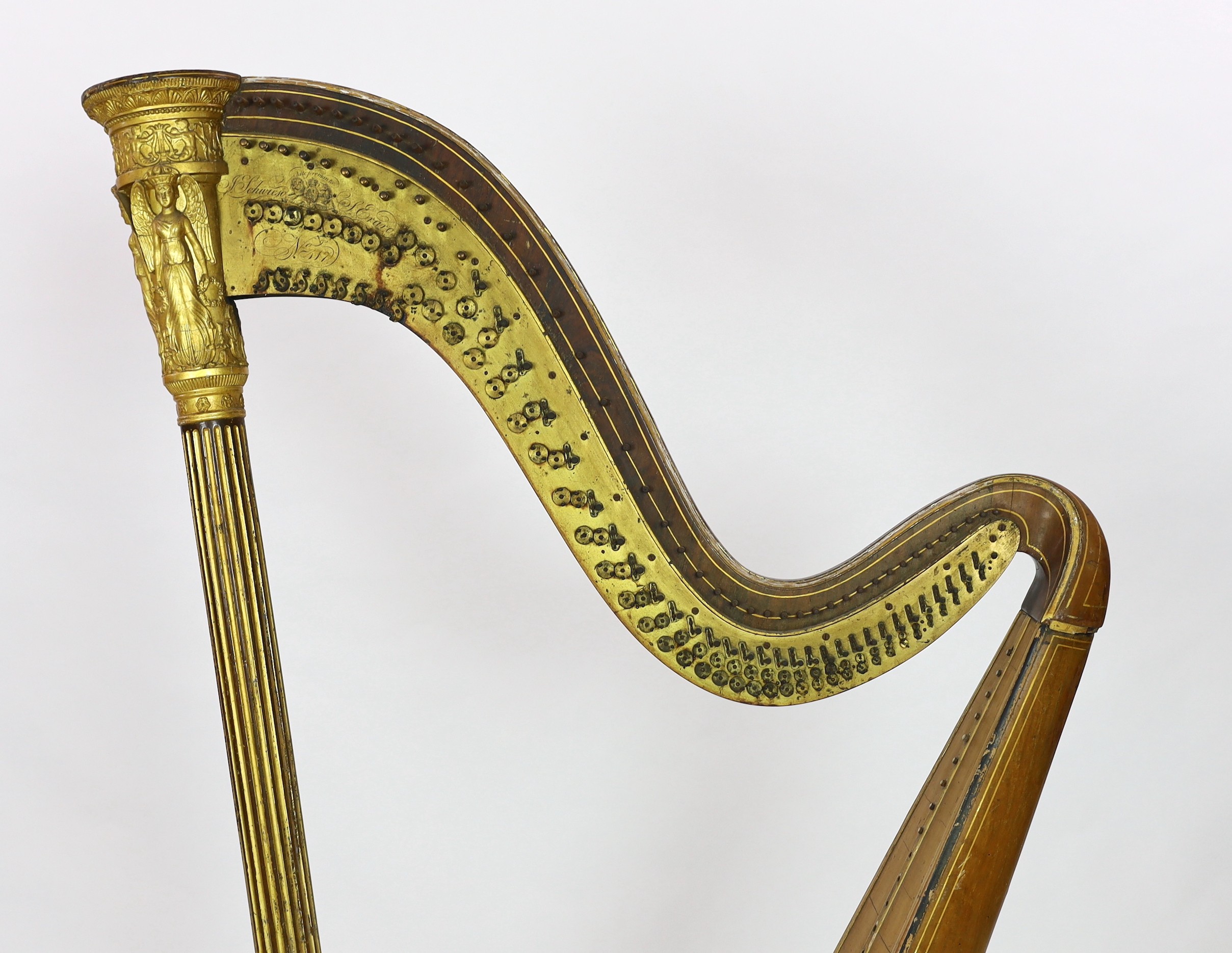 A mid 19th century J.Schwieso giltwood, satinwood and rosewood 'Grecian' concert harp, width 84cm, height 170cm.